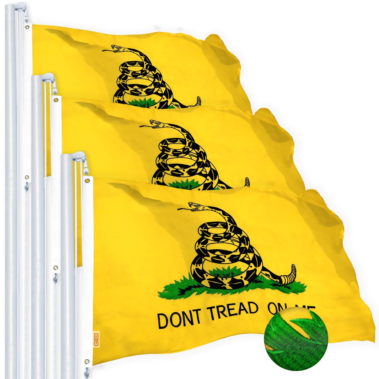 G128 Dont Tread on Me (Gadsden) Flag 2x3 feet 3-Pack Heavy Duty Spun Polyester 220GSM Embroidered Tough, Durable, Indoor/Outdoor, Vibrant Colors, Brass Grommets